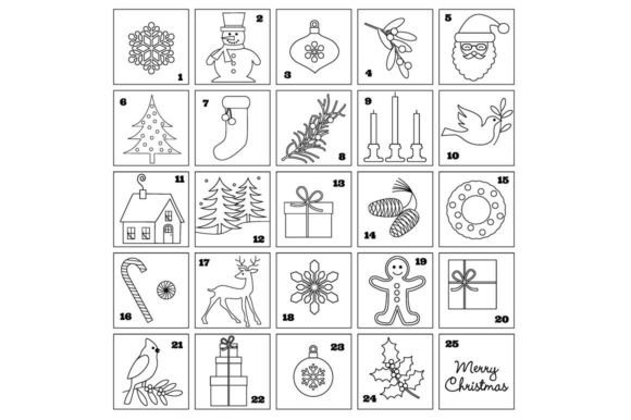 Black Outline Christmas Advent Calendar Illustrations