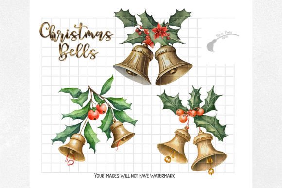 Christmas Bells Clipart Png. Watercolor Illustrations