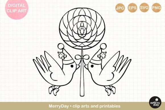 Christmas Birds with Lollipop Line Art Illustrations