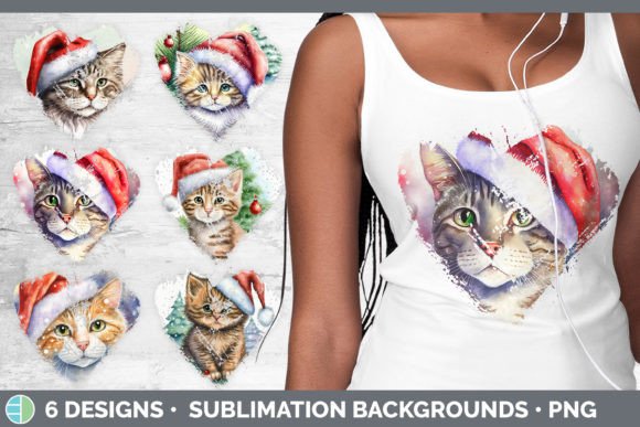Christmas Cat Heart Distressed Clipart Illustrations