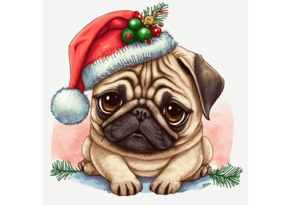 Christmas Pug Watercolor Illustration for Digital Selling