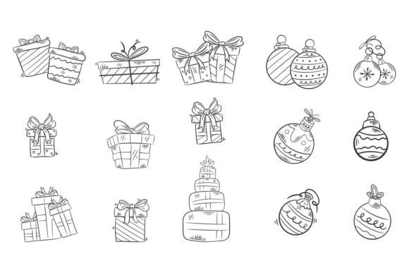 Gift Box with Christmas Ball Hand Drawn: A Review for Illustrations